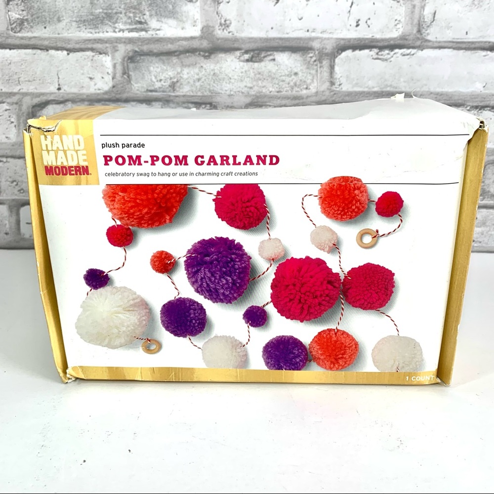 72" Pom Pom Garland Pink Purple Orange White Room Decor Party - Hand Made Modern